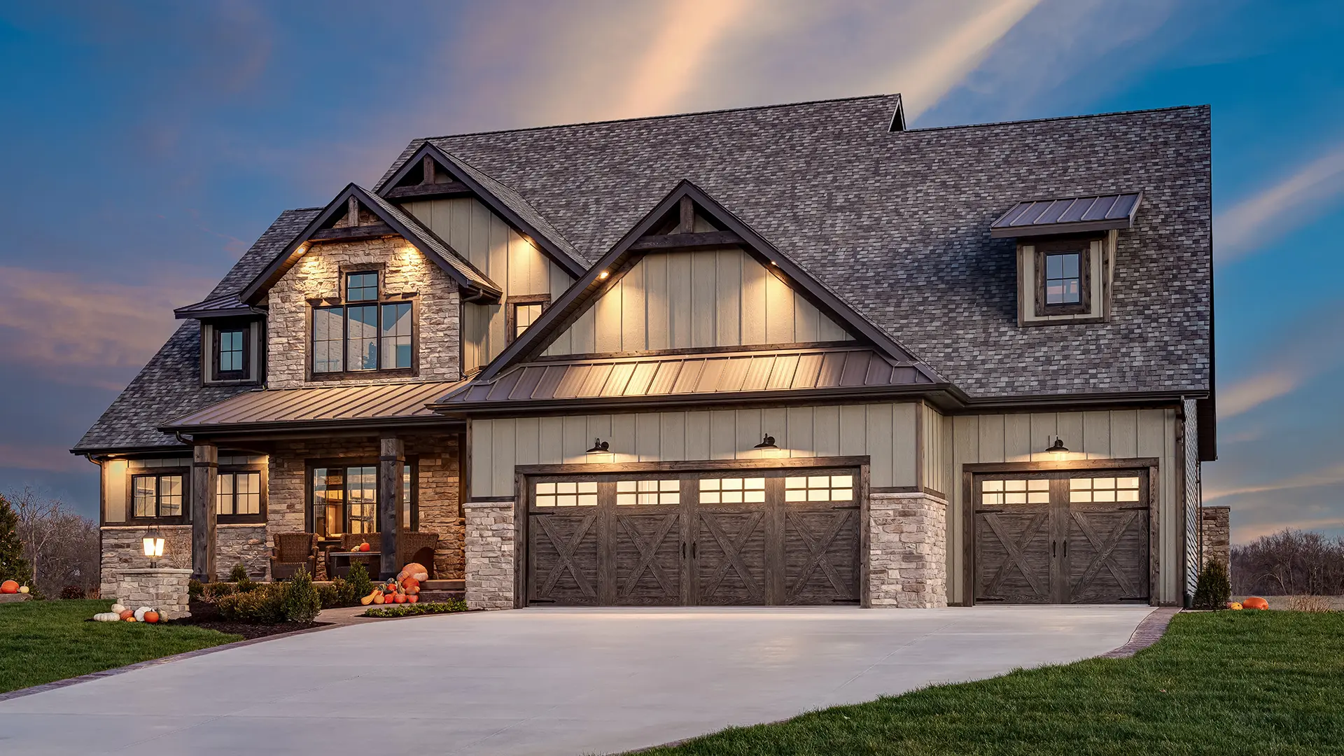 Canyon Ridge 4-Layer garage door in Design 21 with SQ23 windows in Ultra-Grain® Cypress Slate Finish