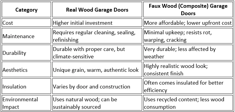 Real wood versus faux wood garage doors table