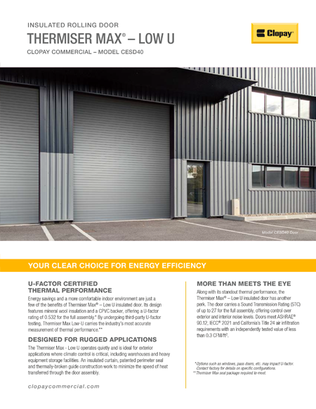 Thermiser Max - Low U Insulated Rolling Door Feature Sheet Thermiser Max - Low U Insulated Rolling Door Feature Sheet