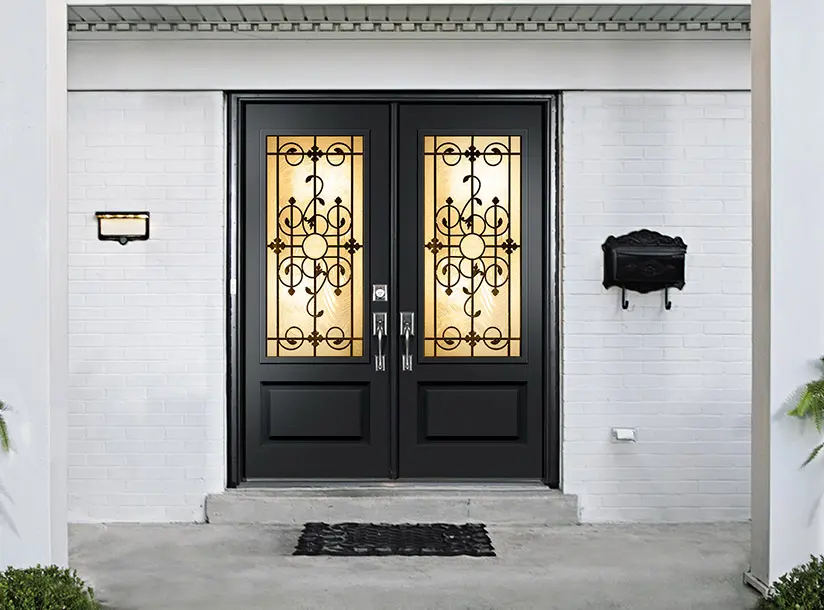 Smooth Fiberglass black double entry door