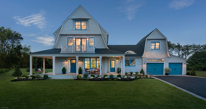 Color blasted blue Canyon Ridge door on beautiful Cape Cod style home