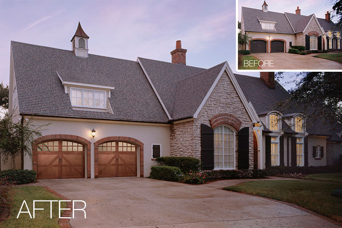 French country style house before and after with carriage house style garage doors from Clopay.