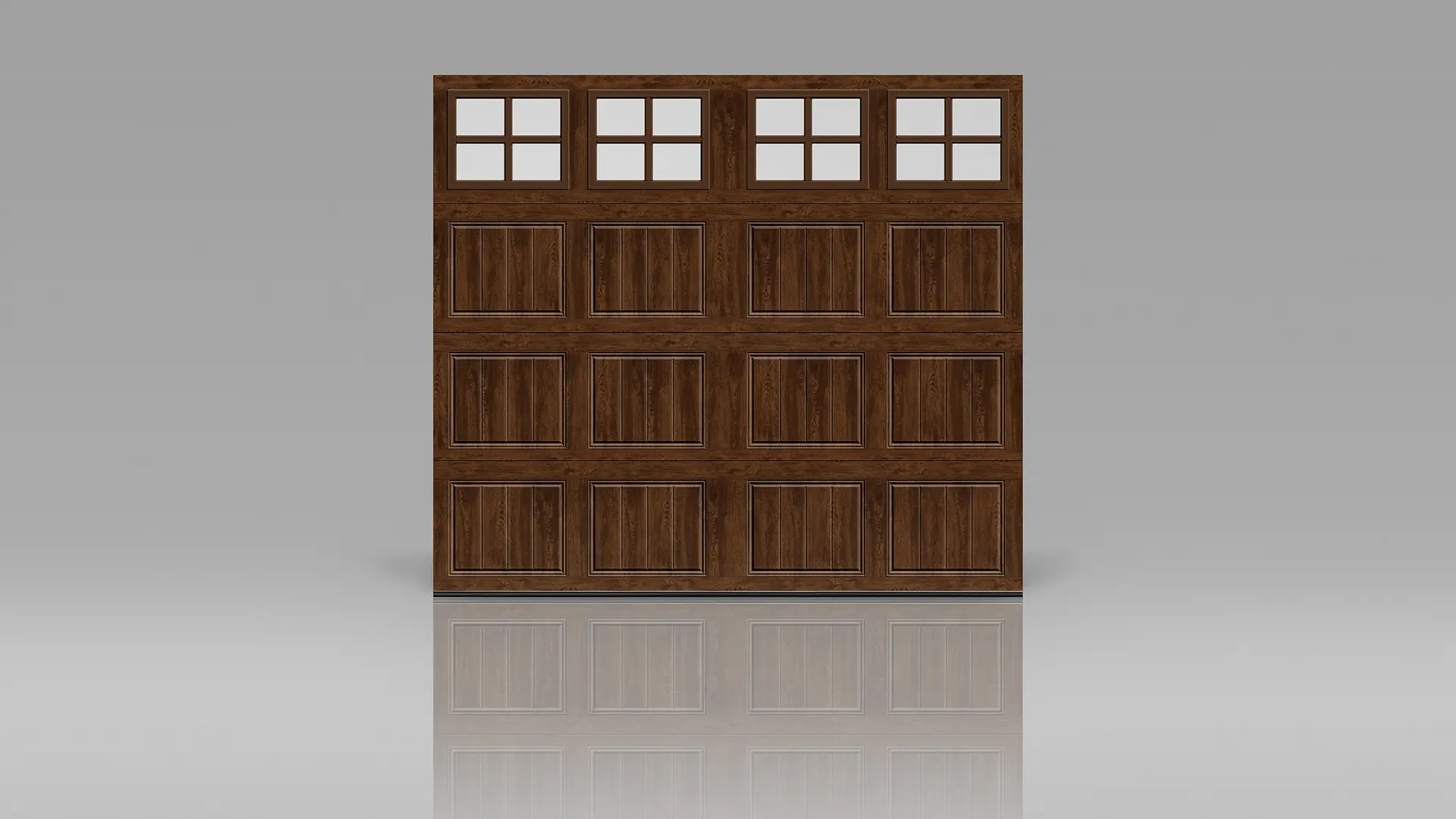 Gallery® Steel garage door with short panels and SQ22 windows in Ultra-Grain® Dark Finish