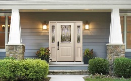 Smooth Fiberglass Entry Door in Light Tan Finish with Cimarron Glass