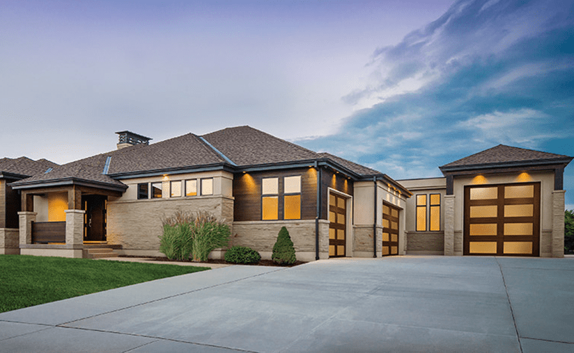 Canyon Ridge Modern Series Garage Doors | Full View Design in Dark Finish with frosted windows