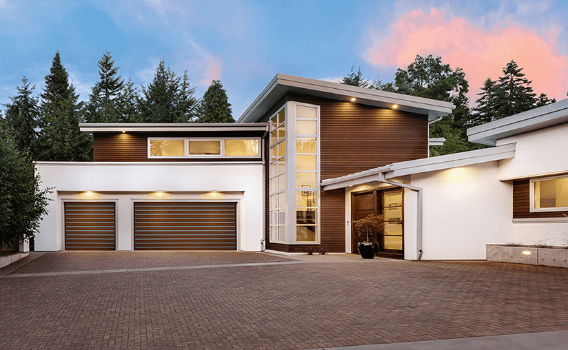 Canyon Ridge Modern Series Garage Doors | Metal Inlay Design in Walnut Finish