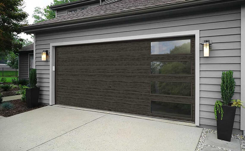 Modern SteelFlush Panel with Plain Long Windows down the right side in Ultra-Grain Cypress Slate Finish